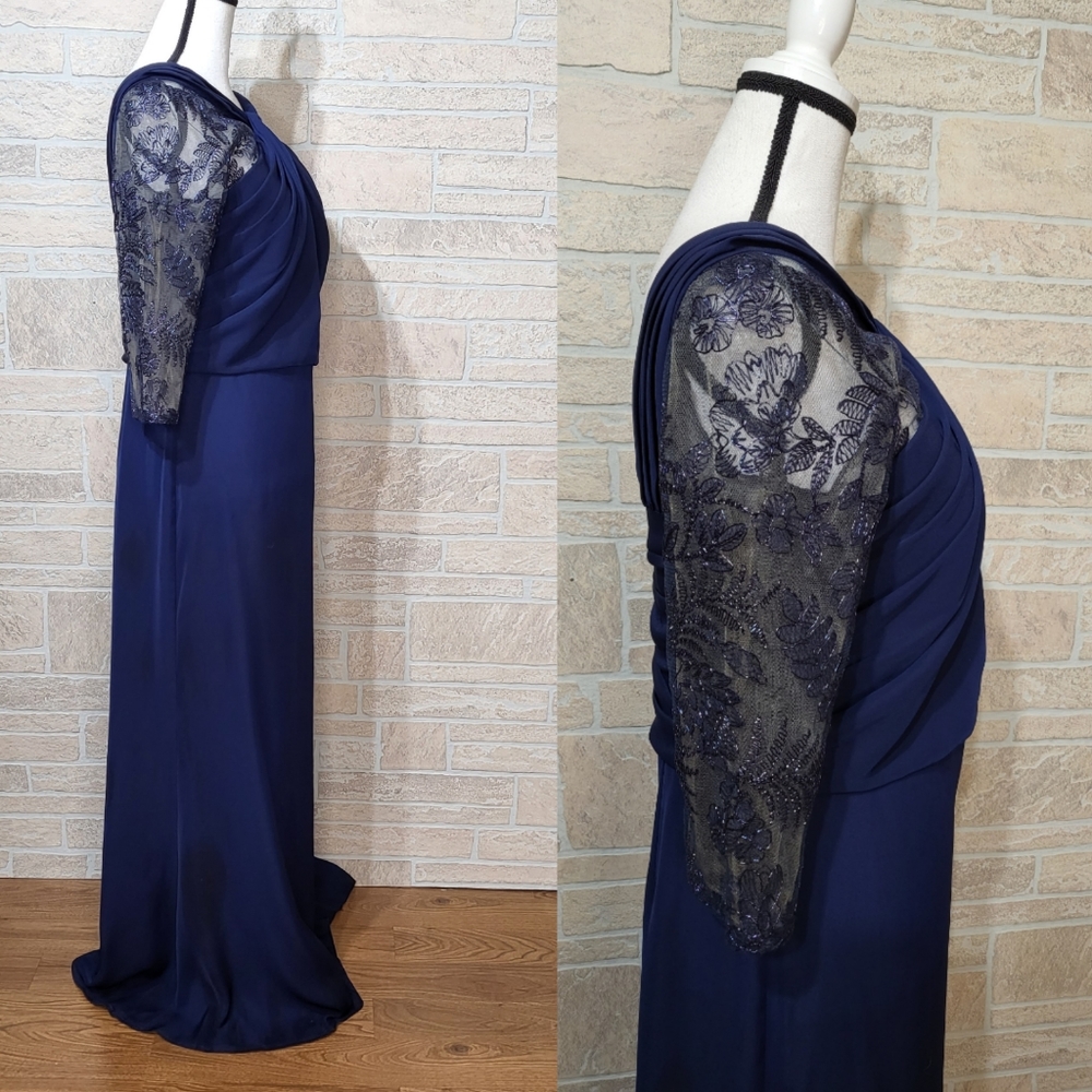 TADASHI SHOJI TWIST TOP EMBROIDERED MESH CREPE LONG DRESS DARK BLUE - Picture 7 of 8